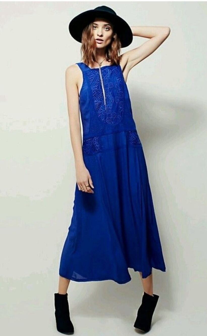 Free People Sz S Maria Royal Blue Midi Maxi Crochet Zipper Full Flow Skirt Dress
